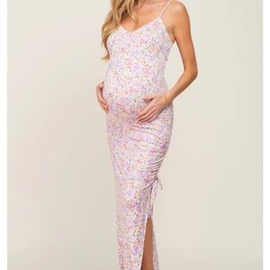 Lavender Floral Side Slit Ruched Maternity Maxi Dress